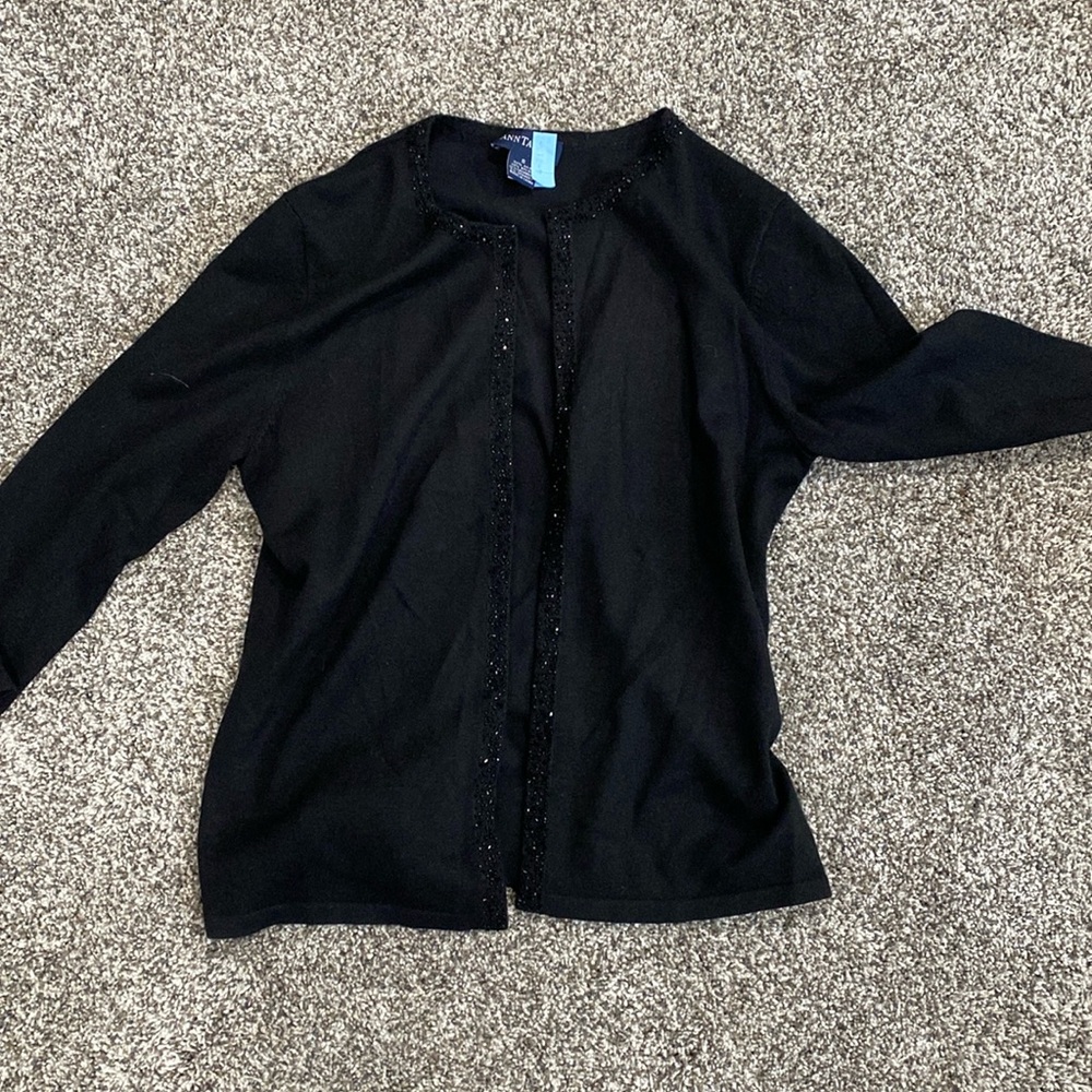 Ann Taylorr black cardigan with front bead detailing